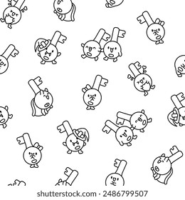 Cute happy key with different emotions. Seamless pattern. Coloring Page. Funny cartoon character. Hand drawn style. Vector drawing. Design ornaments.