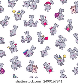 Cute happy key with different emotions. Seamless pattern. Funny cartoon character. Hand drawn style. Vector drawing. Design ornaments.