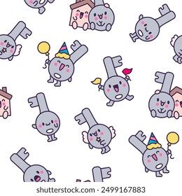 Cute happy key with different emotions. Seamless pattern. Funny cartoon character. Hand drawn style. Vector drawing. Design ornaments.