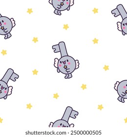 Cute happy key with different emotions. Seamless pattern. Funny cartoon character. Hand drawn style. Vector drawing. Design ornaments.
