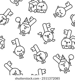 Leuke gelukkige sleutel met verschillende emoties. Naadloos patroon. Kleurplaat. Grappig stripfiguur. Handgetekende stijl. Vectortekening. Ontwerp ornamenten.