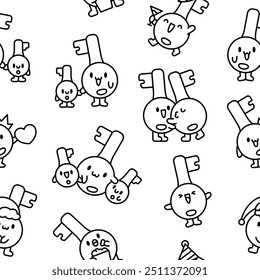 Cute happy key with different emotions. Seamless pattern. Coloring Page. Funny cartoon character. Hand drawn style. Vector drawing. Design ornaments.