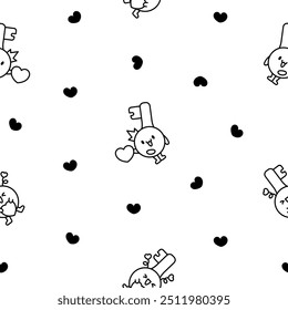 Cute happy key with different emotions. Seamless pattern. Coloring Page. Funny cartoon character. Hand drawn style. Vector drawing. Design ornaments.