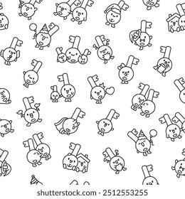 Leuke gelukkige sleutel met verschillende emoties. Naadloos patroon. Kleurplaat. Grappig stripfiguur. Handgetekende stijl. Vectortekening. Ontwerp ornamenten.