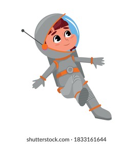 Cute Happy Kid Astronaut Character Space Suit Floating in Outer Space, Little Boy Dreaming of Becoming an Astronaut Cartoon Style Vector Illustration