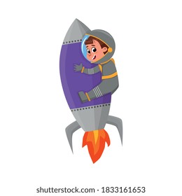 Cute Happy Kid Astronaut Character in Outer Space Suit Riding Rocket, Little Boy Dreaming of Becoming an Astronaut Cartoon Style Vector Illustration