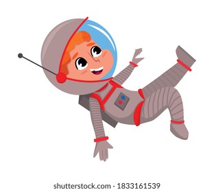 Cute Happy Kid Astronaut in Outer Space Suit Floating in Space, Little Boy Playing Astronauts, Space Tourist Character Cartoon Style Vector Illustration