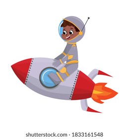 Cute Happy Kid Astronaut in Outer Space Suit Riding Spaceship, Little Boy Playing Astronauts, Space Tourist Character Cartoon Style Vector Illustration