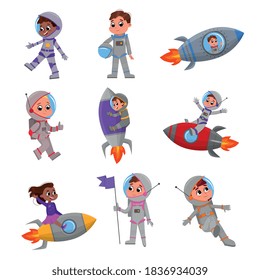 Cute Happy Kid Astronauts in Outer Space Suits Set, Little Boys and Girls Playing Astronauts Cartoon Style Vector Illustration