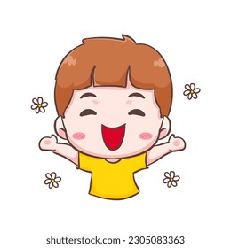 Cute happy kid boy with flower around cartoon character. People expression concept design. Isolated background. Vector art illustration.