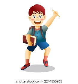 Cute happy kid boy going to school holding pencil and book. Back To School 