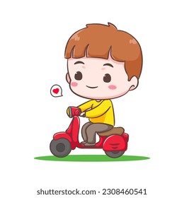 Cute happy kid boy riding motorcycle cartoon character. People expression concept design. Isolated background. Vector art illustration.