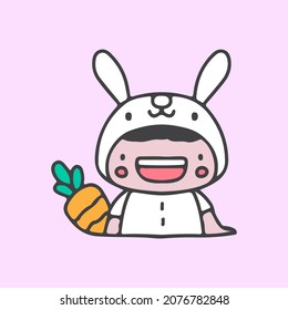 Cute happy kid with bunny costume and carrot illustration. Vector graphics for t-shirt prints and other uses.