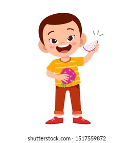 cute happy kid eat healthy fresh fruit