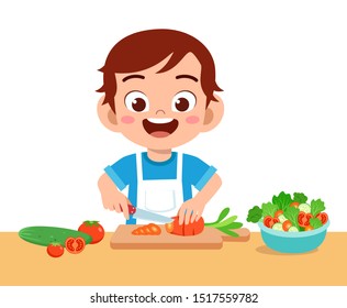 cute happy kid eat salad vegetable fruits