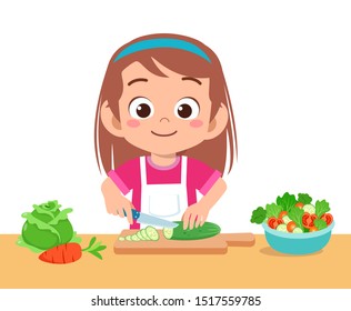 cute happy kid eat salad vegetable fruits