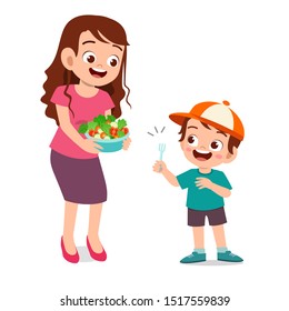 cute happy kid eat salad vegetable fruits