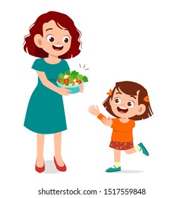 cute happy kid eat salad vegetable fruits