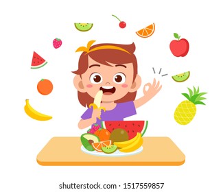 cute happy kid eat salad vegetable fruits