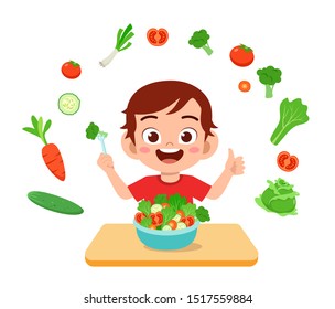 cute happy kid eat salad vegetable fruits