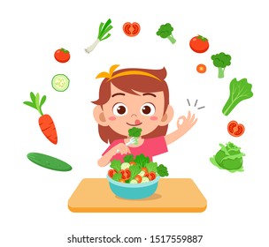 cute happy kid eat salad vegetable fruits