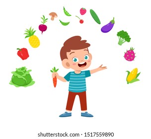 cute happy kid eat salad vegetable fruits