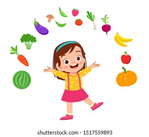cute happy kid eat salad vegetable fruits