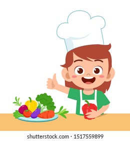 cute happy kid eat salad vegetable fruits