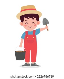 Cute happy kid farmers and harvesting characters cartoon illustration