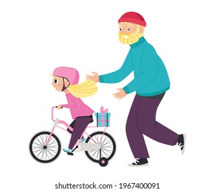 Cute happy kid girl in pink safety helmet riding a bicycle. Grandpa teaches and helps his granddaughter to ride a bike for the first time. Flat vector illustration isolated on white
