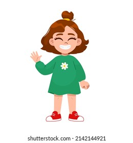 Cute happy kid girl raising and waving hands greeting in expressions and poses. smiling little girl vector character Illustration.
