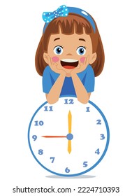 cute happy kid holding clock