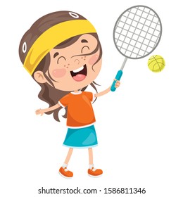 Cute Happy Kid Playing Tennis