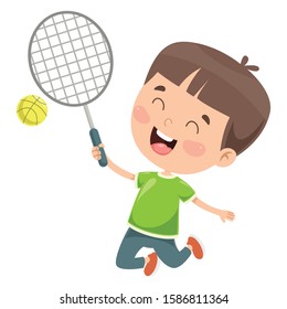 Cute Happy Kid Playing Tennis