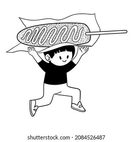 Cute Happy Kid Running With Korean Corn Dog. Isolated Vector Illustration Of Korean Street Food. Black And White Illustration In A Cartoon Style.
