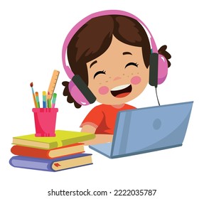 cute and happy kid studying computer 