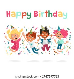Cute happy kids in birthday caps jump up and have fun on the background of confetti and serpentine. Birthday party. Happy birthday greeting card or invitation in cartoon style.