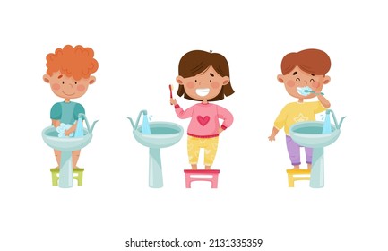 Cute happy kids daily routine set. Children washing their hands with soap and brushing their teeth cartoon vector illustration