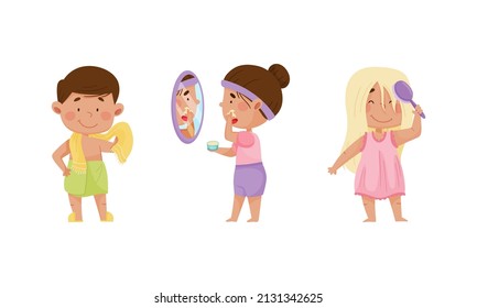 Cute happy kids daily routine set. Little girls and boy wiping with towel, applying cream on face and combing hair cartoon vector illustration