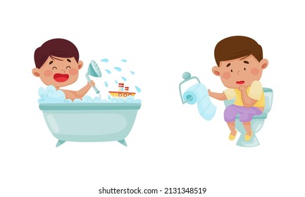 Cute happy kids daily routine set. Little boys taking bath and sitting on toilet cartoon vector illustration