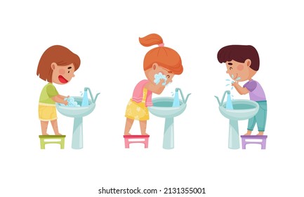 Cute happy kids daily routine set. Children washing their face and hands with soap cartoon vector illustration