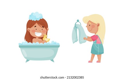 Cute happy kids daily routine set. Little girls taking bath and wiping hands with towel cartoon vector illustration