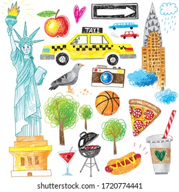 adorables chicos felices dibujaron el doodle de Nueva York la gran ciudad construyendo comida rápida el deporte el icono de viaje Vector de stock