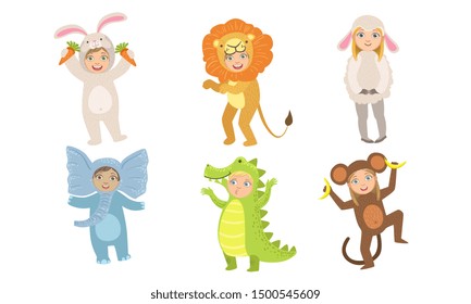 Cute Happy Kids Dressed Animal Costumes Set, Elephant, Crocodile, Monkey, Rabbit, Bunny, Lion, Sheep Vector Illustration