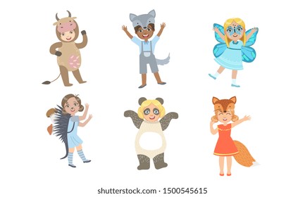 Cute Happy Kids Dressed Animal Costumes Set, Cow, Wolf, Butterfly, Hedgehog, Panda, Fox Vector Illustration