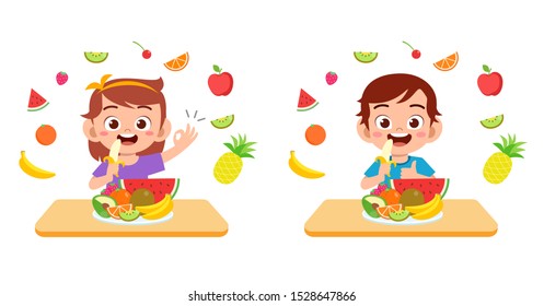 cute happy kids eat salad vegetable fruits