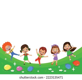 cute happy kids in greenery and flowers
