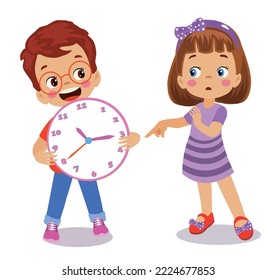 cute happy kids holding clock