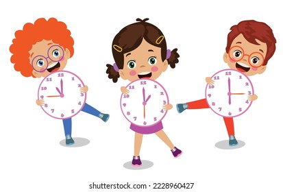 cute happy kids holding clock