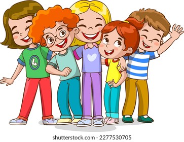 Hübsche, glückliche Kinder umarmt, lächeln, zusammen stehen. Diverse Kinder Gruppe Portrait. Aufgeregt fröhliche kleine Mädchen und Jungen, beste Freunde. Flache Vektorgrafik einzeln auf weißem Hintergrund